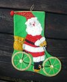 RARE 1950's FINISHED Bucilla Felt Christmas Stocking Santa and Bicycle Kit 2821 Santa Claus Sequins Beads Bell Rare Vintage Stocking