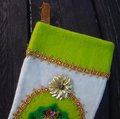 Rare Vintage 1960's Christmas Stocking, Handmade FELT ORIGINALS Stocking, Wreath in Green Holiday Stocking, Custom Stocking