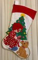 Vintage Handmade Christmas Stocking 1960's Felt Holiday Stocking Girl W/ Puppy Dog Christmas Tree Custom Stockings Wall Art Deco