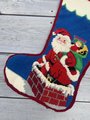 Christmas Holiday Stocking FINISHED Vintage 1980s Santa Down The Chimney Lined Needlepoint Embroidered Stocking