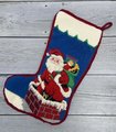 Christmas Holiday Stocking FINISHED Vintage 1980s Santa Down The Chimney Lined Needlepoint Embroidered Stocking