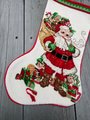 Christmas Stocking FINISHED Vintage NEEDLE TREASURES Santa and His Elves Needlepoint Holiday Stocking Toys Bag Pipe