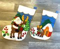 FINISHED HANDMADE LEEWARDS Rare Vintage Pair 1979 Santa & Reindeer Felt Christmas Stockings Fireplace Lodge Holiday Decor Retro