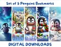 Printable Bookmark | Set of 5 Printable Penguin Bookmarks | Winter Bookmarks | Book Lover Designs | Shiny Bookmarks | Instant Download