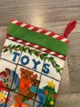 Christmas Stocking Vintage Retro 1980's HANDMADE Finished Dimensions Toy Shop NEEDLEPOINT Custom Holiday Decor Santa Claus Decorating