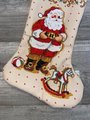 Vintage 1980's Christmas Stocking Finished Counted Cross Stitch Handmade BUCILLA Santa & Hobby Rocking Horse Holiday Stocking 82525 Decor