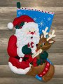 Finished JUMBO BUCILLA Santa & Reindeer Handmade Christmas Stocking From Kit #86897E Vintage Christmas Decor Santa Claus Retro