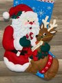 Finished JUMBO BUCILLA Santa & Reindeer Handmade Christmas Stocking From Kit #86897E Vintage Christmas Decor Santa Claus Retro