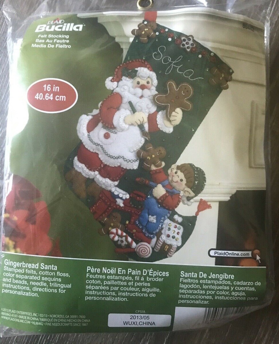 Christmas Stocking FINISHED Bucilla Gingerbread Santa From Kit #86442 Elf Cookies Candy Toys Handmade Hand Sewn Felt Stocking!
