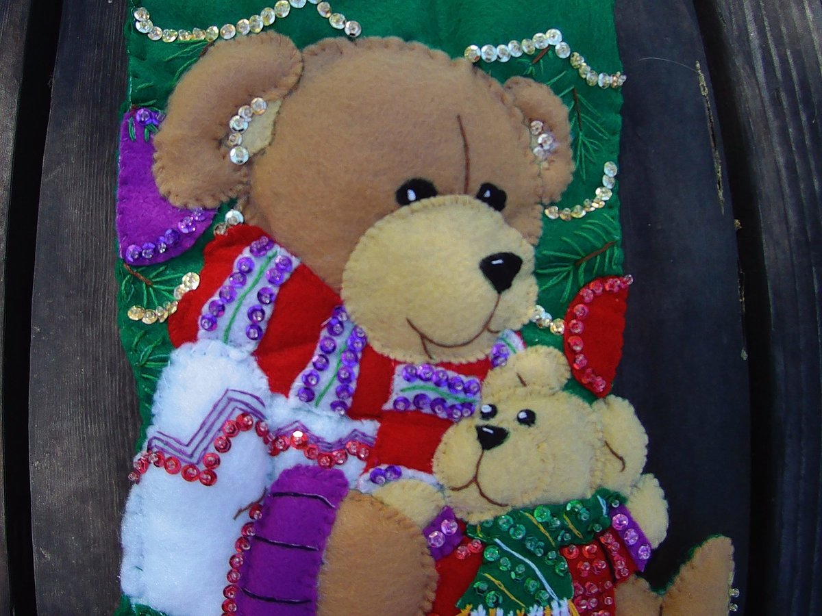 Finished Christmas Stocking TEDDY BEAR Dimensions Feltworks From Kit 8115 Baby Bear Gifts Presents Sweater Applique Felt Completed!
