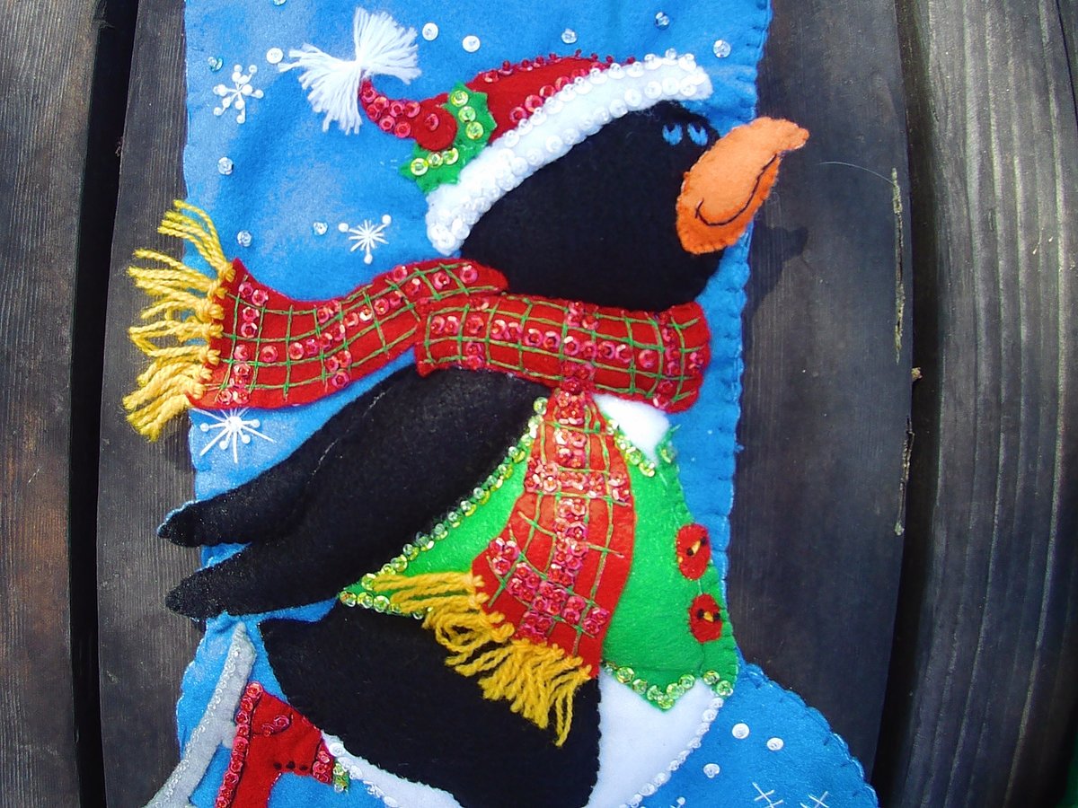 SKATING PENGUIN FINISHED Christmas Stocking Dimensions Feltworks From Kit 8123 Snow Ice Birds Applique Felt Completed!