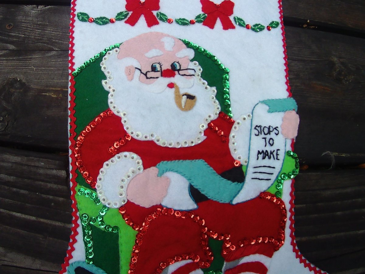 Handmade FINISHED Bucilla Kit He's Making A List - Christmas Felt Applique Holiday Stocking Kit 48974 Santa Mrs Claus Tree Ornaments