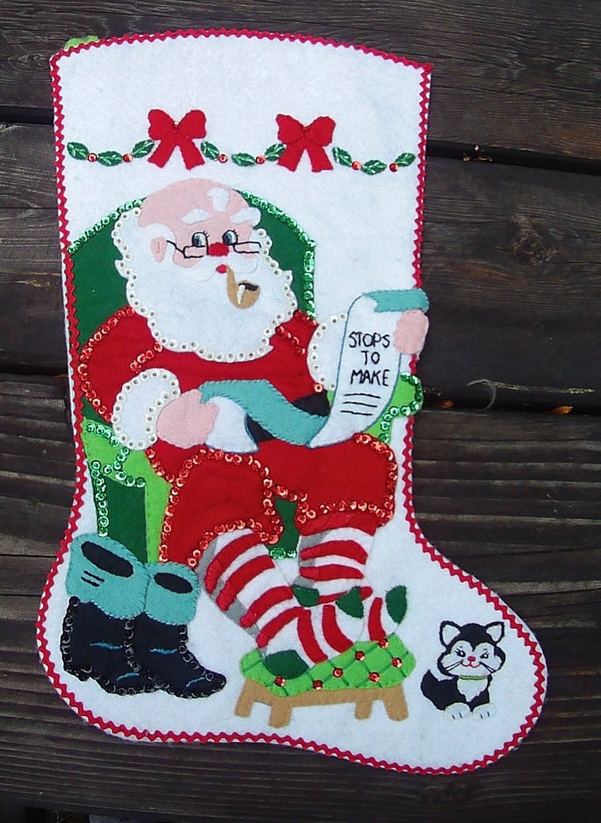 Handmade FINISHED Bucilla Kit He's Making A List - Christmas Felt Applique Holiday Stocking Kit 48974 Santa Mrs Claus Tree Ornaments