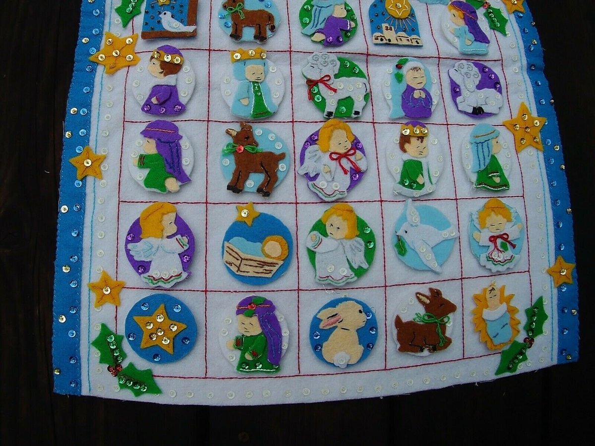 LOVELY Adorable FINISHED Dimensions Feltworks Kit #8419 Vintage Felt Applique Advent Calendar - Baby Jesus Lamb Donkey Wise men
