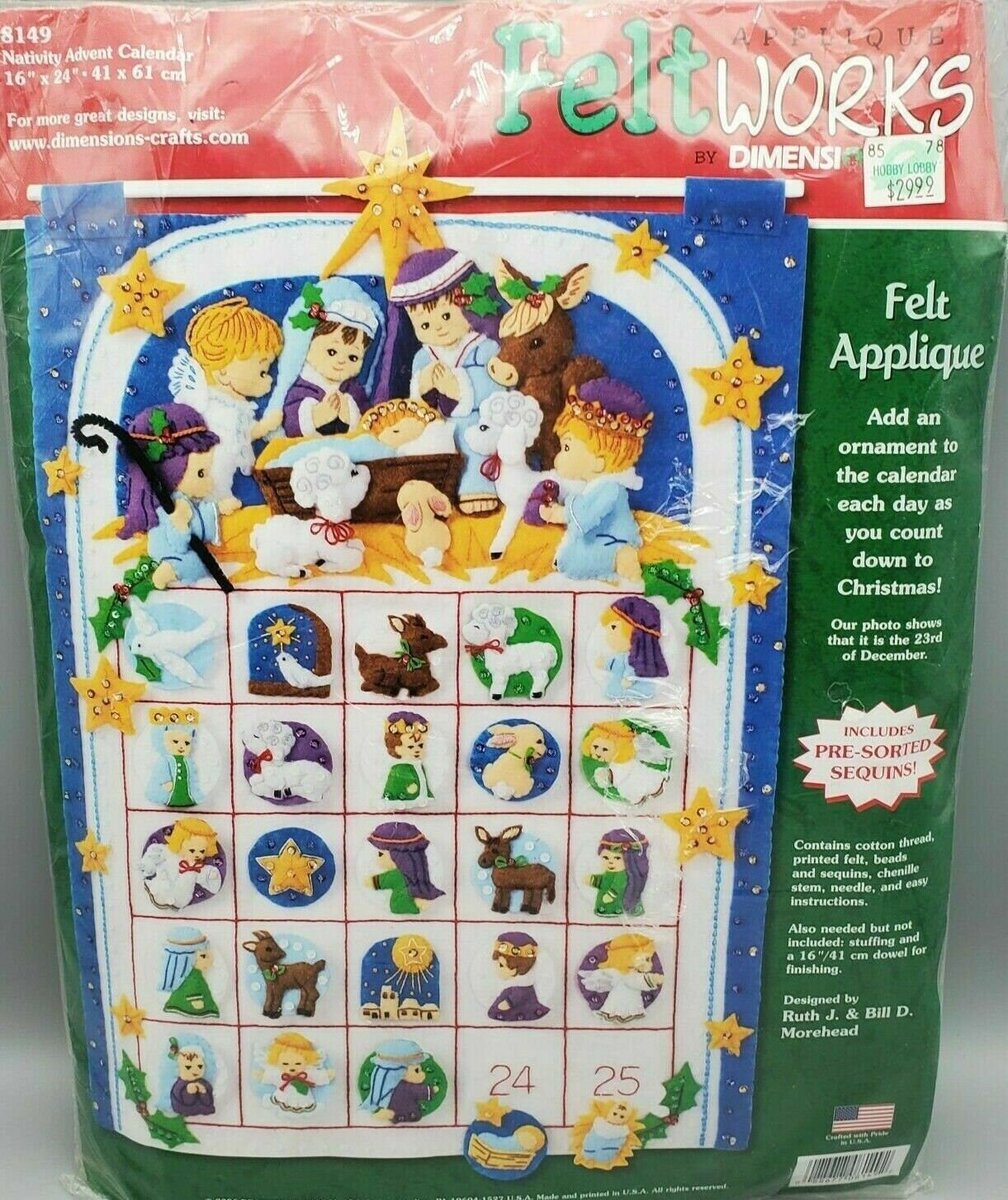 LOVELY Adorable FINISHED Dimensions Feltworks Kit #8419 Vintage Felt Applique Advent Calendar - Baby Jesus Lamb Donkey Wise men