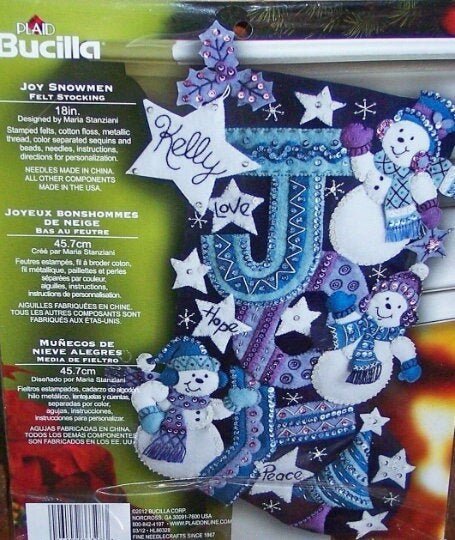 Embroidered Christmas Stocking | Finished BUCILLA Kit | Joy Snowmen Christmas Stocking | #86328 Snowman Stocking | Maria Stanziani