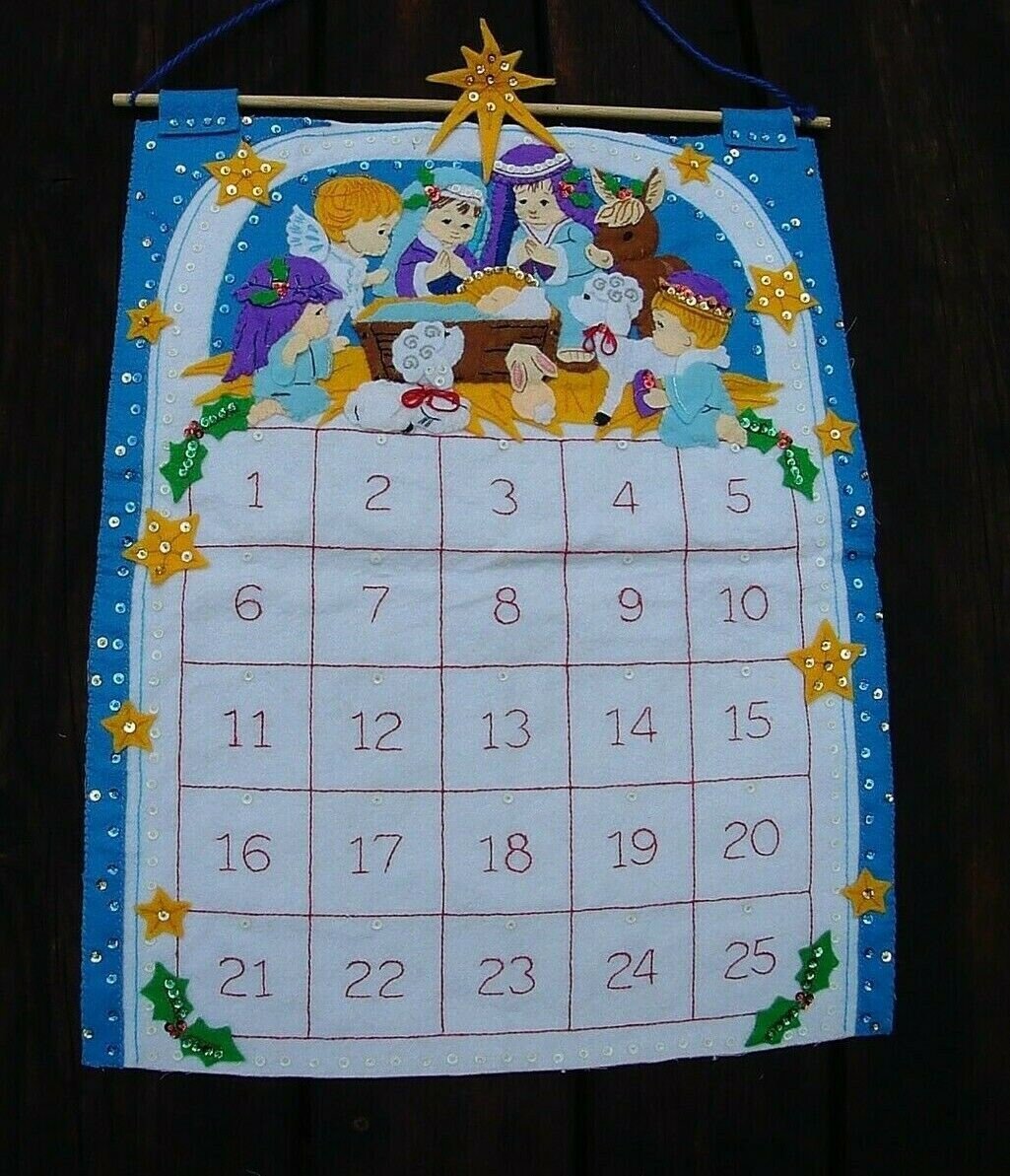 LOVELY Adorable FINISHED Dimensions Feltworks Kit #8419 Vintage Felt Applique Advent Calendar - Baby Jesus Lamb Donkey Wise men