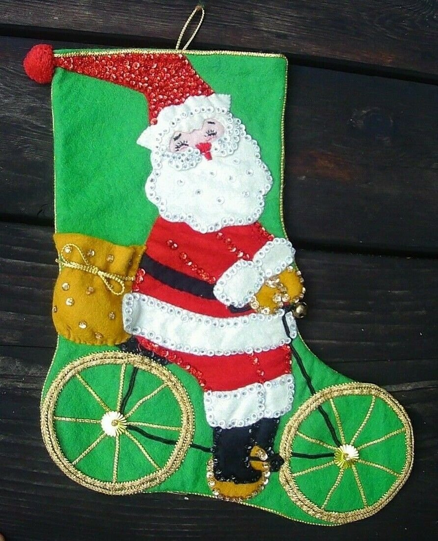 RARE 1950's FINISHED Bucilla Felt Christmas Stocking Santa and Bicycle Kit 2821 Santa Claus Sequins Beads Bell Rare Vintage Stocking