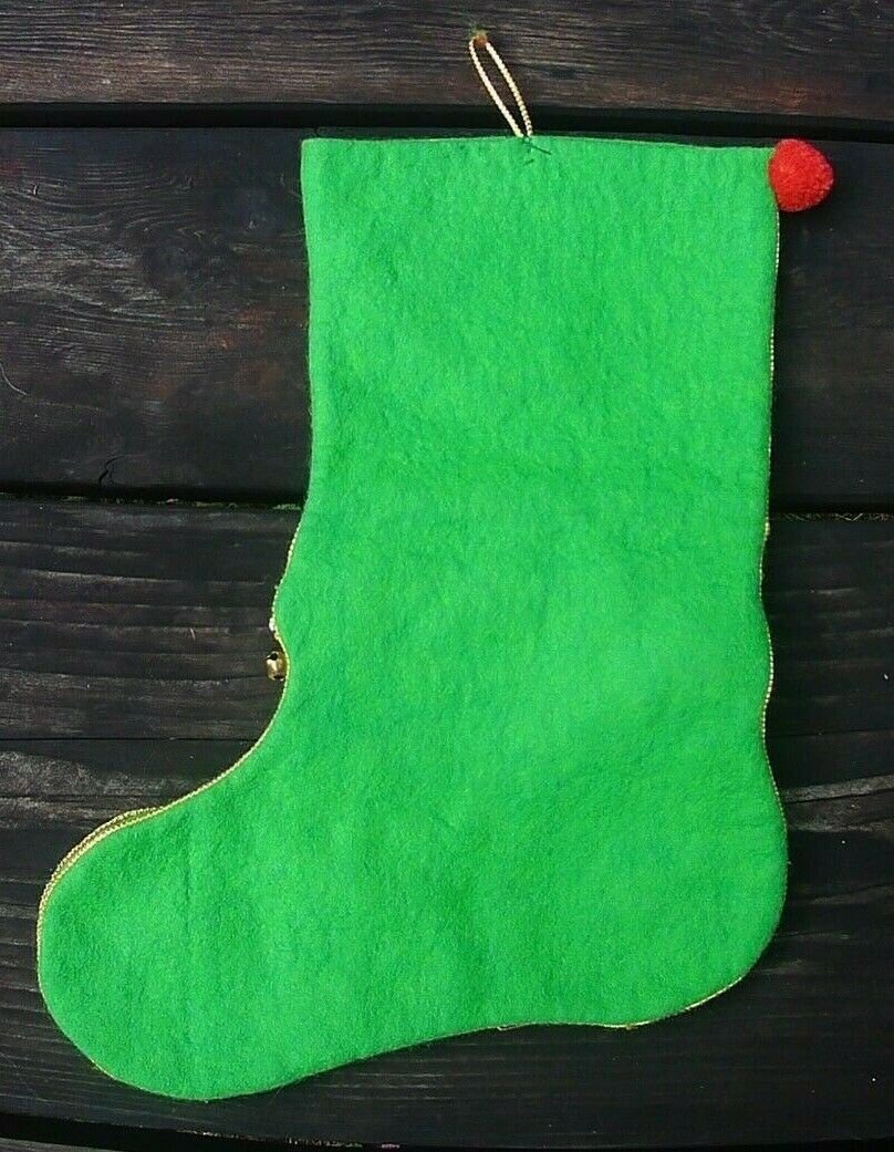 RARE 1950's FINISHED Bucilla Felt Christmas Stocking Santa and Bicycle Kit 2821 Santa Claus Sequins Beads Bell Rare Vintage Stocking