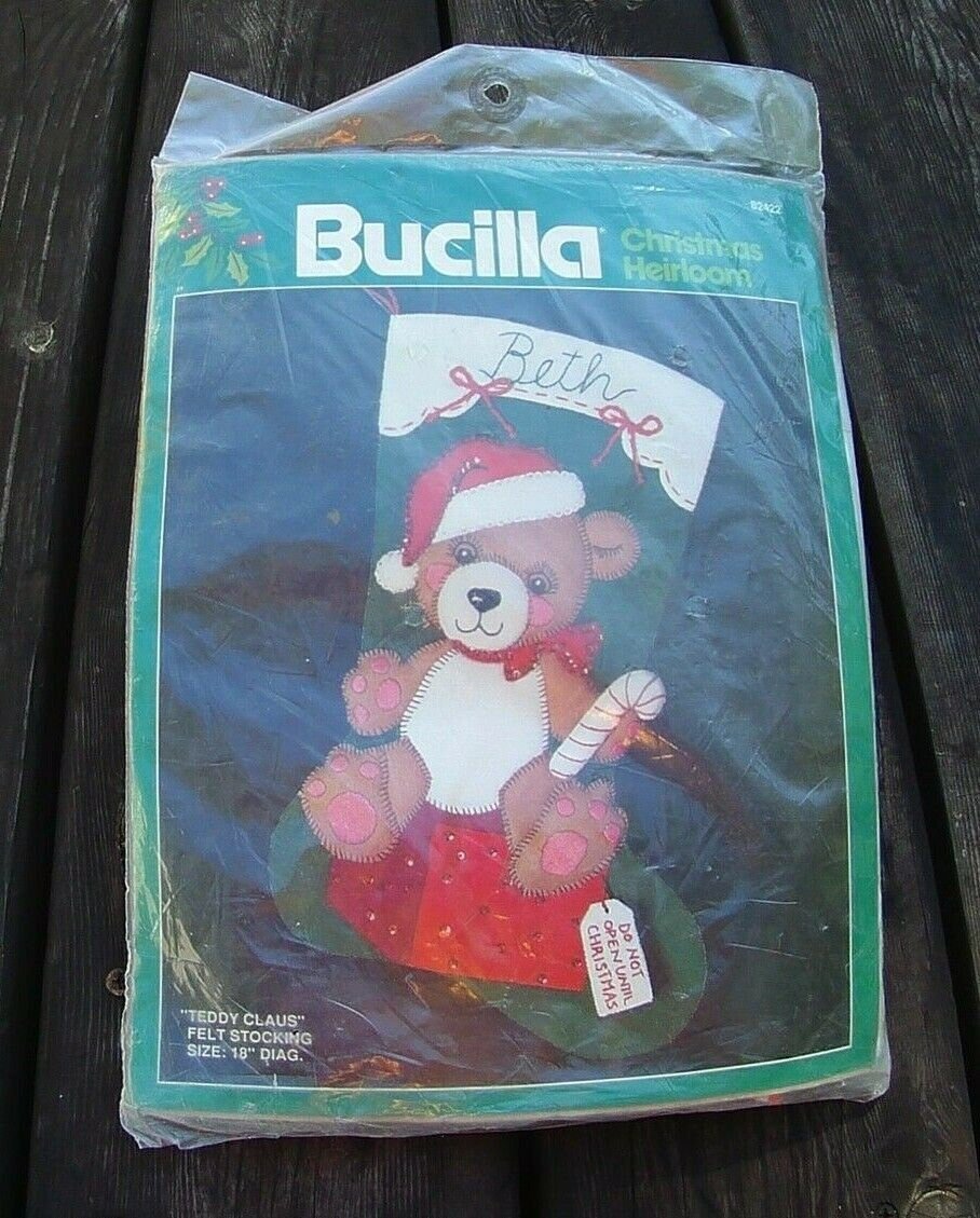 Christmas Stocking Kit #82422 RARE Bucilla Vintage 1980's Teddy Claus Felt Sequins Beads Jeweled Kit Retro Bear Stocking