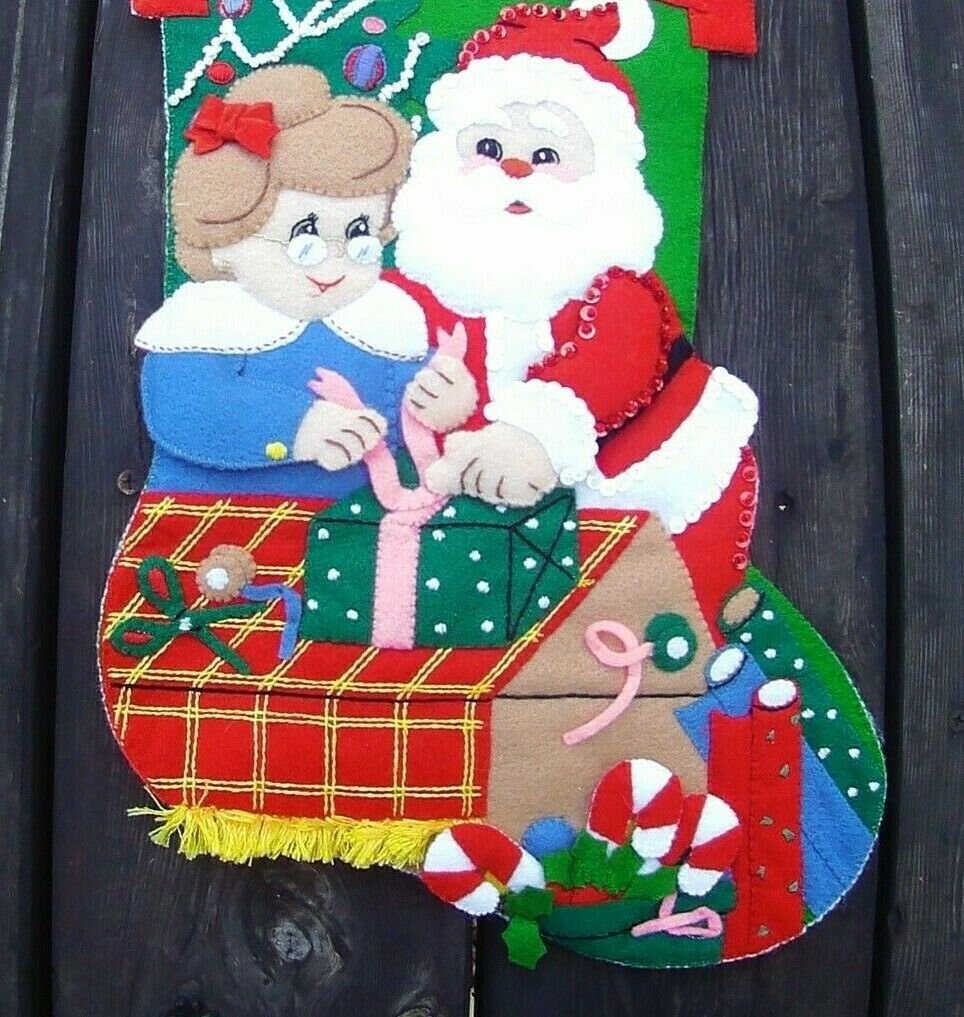Christmas Stocking Finished Bucilla Kit Claus' Anniversary Stocking FINISHED Felt Holiday Decor Retro Christmas Santa Claus