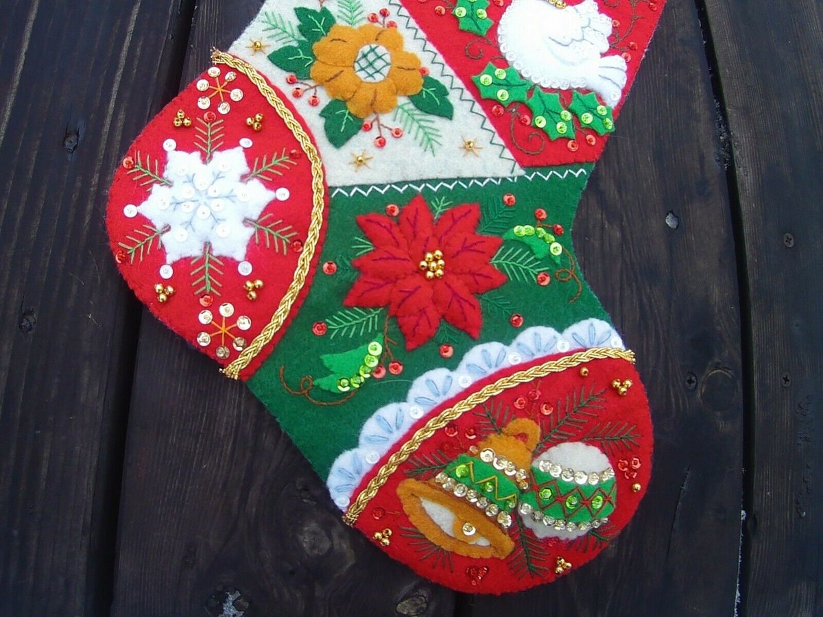 Christmas Stocking Bucilla HANDMADE Elegant Patchwork Holiday Stocking Embroidered Stocking, Stockings With Name, Finished Stockings