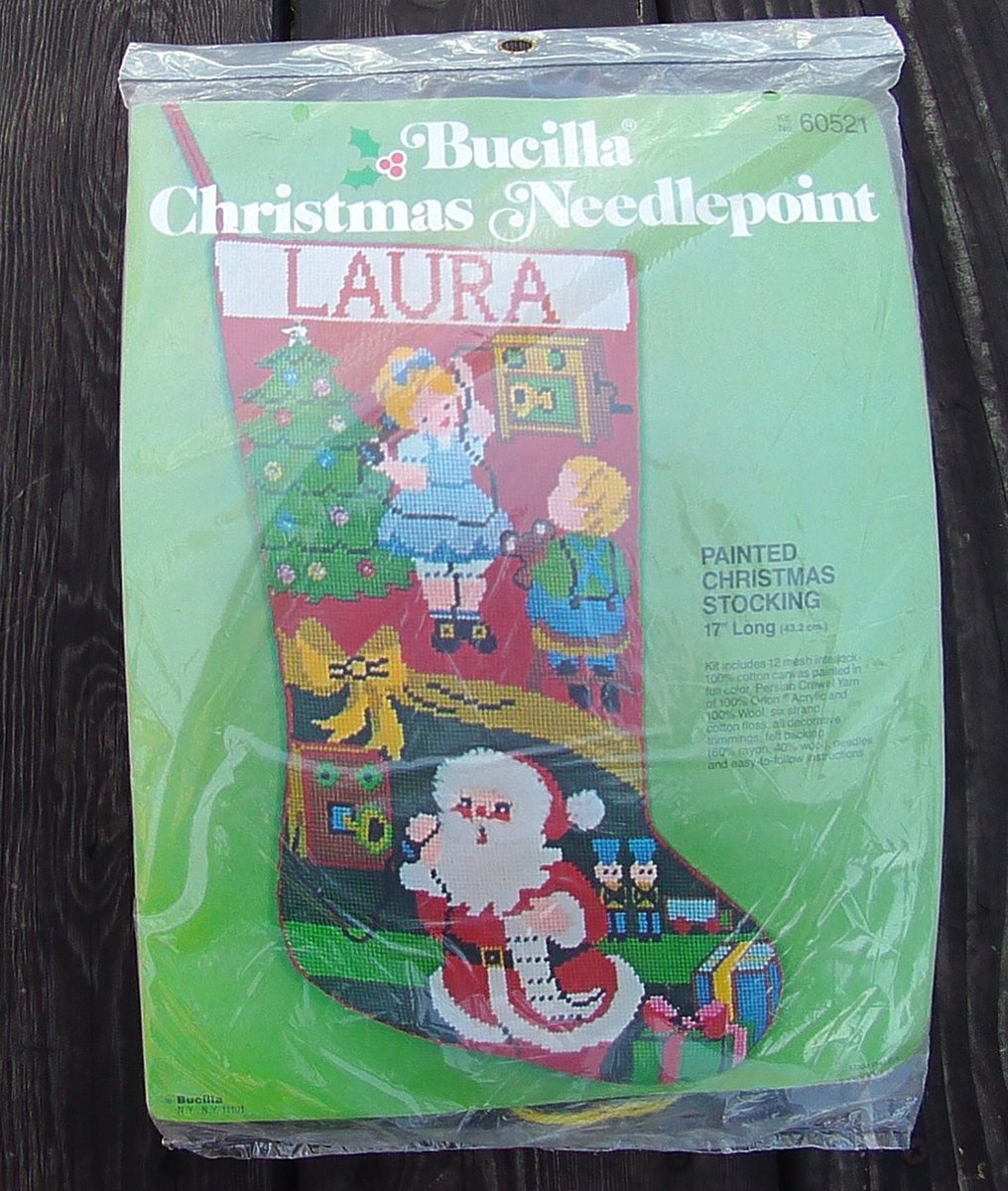 Christmas Stocking 1970's FINISHED Bucilla 60521 Painted Needlepoint Santa Handmade Felt Santa Claus Kids Tree Toys Phone