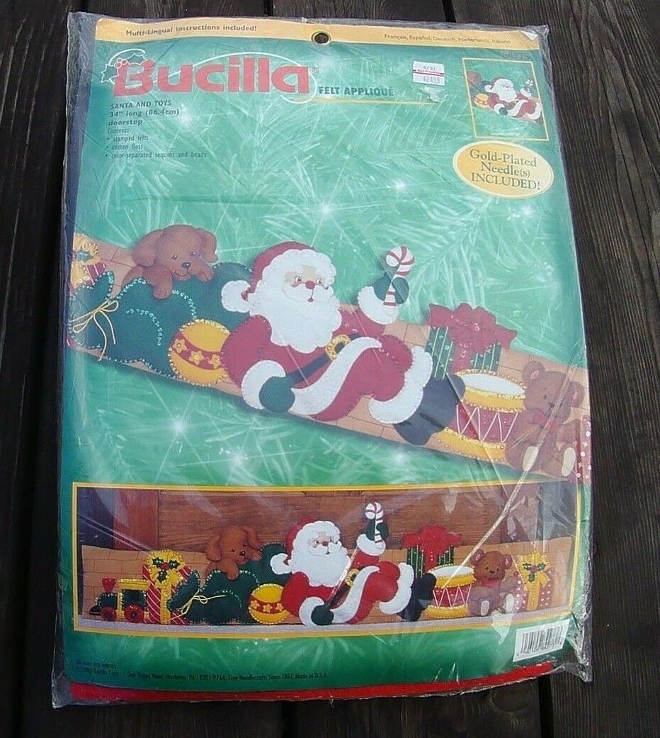 Very RARE Bucilla Santa & Toys Doorstop Jeweled Felt Kit 84273 Christmas Sequins Christmas Holiday Decor Vintage Craft Kit Bear Train Toys