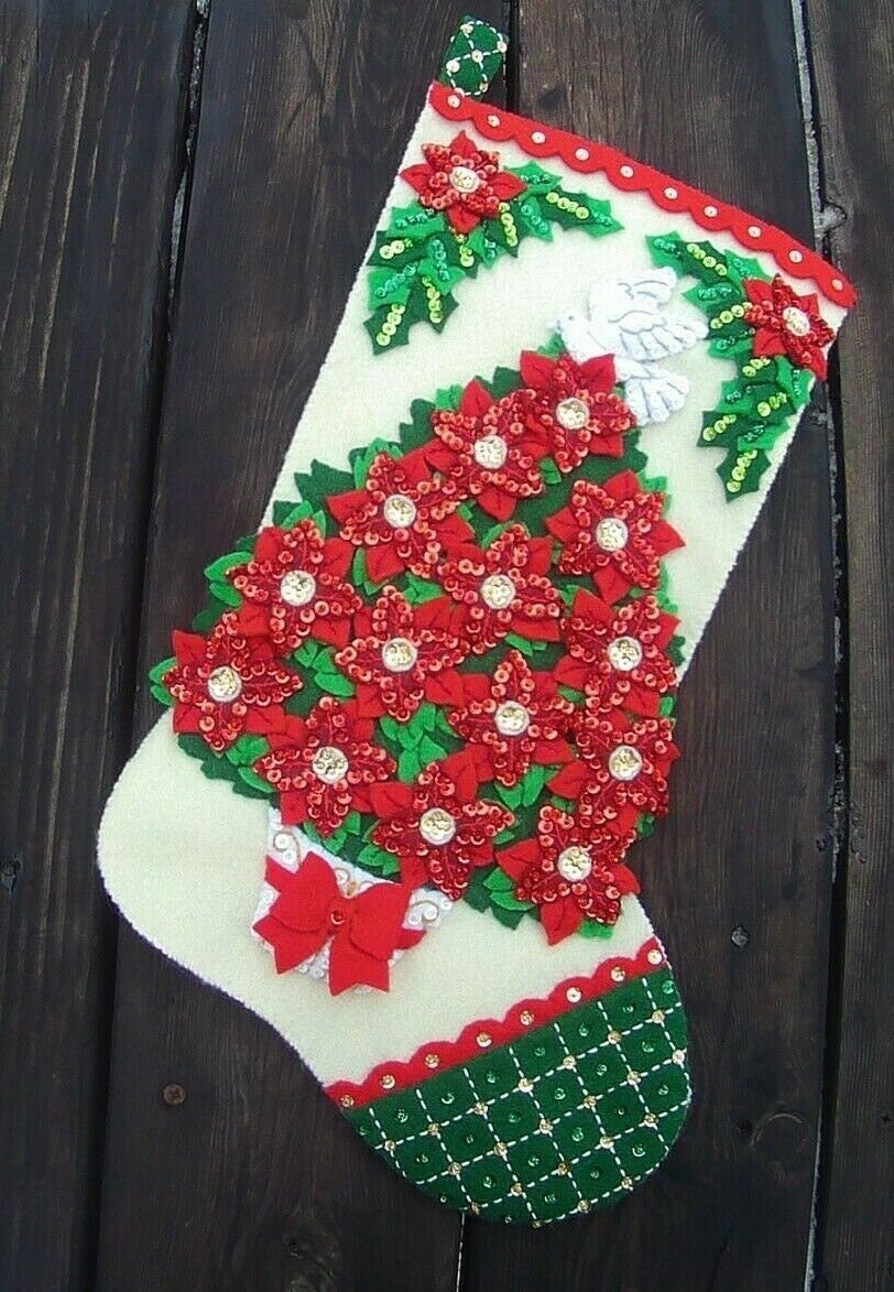 Christmas Stockings, HANDMADE Bucilla Poinsettia Christmas Tree Stocking, Stockings with Name, Personalized Stockings, Finished Bucilla Kit