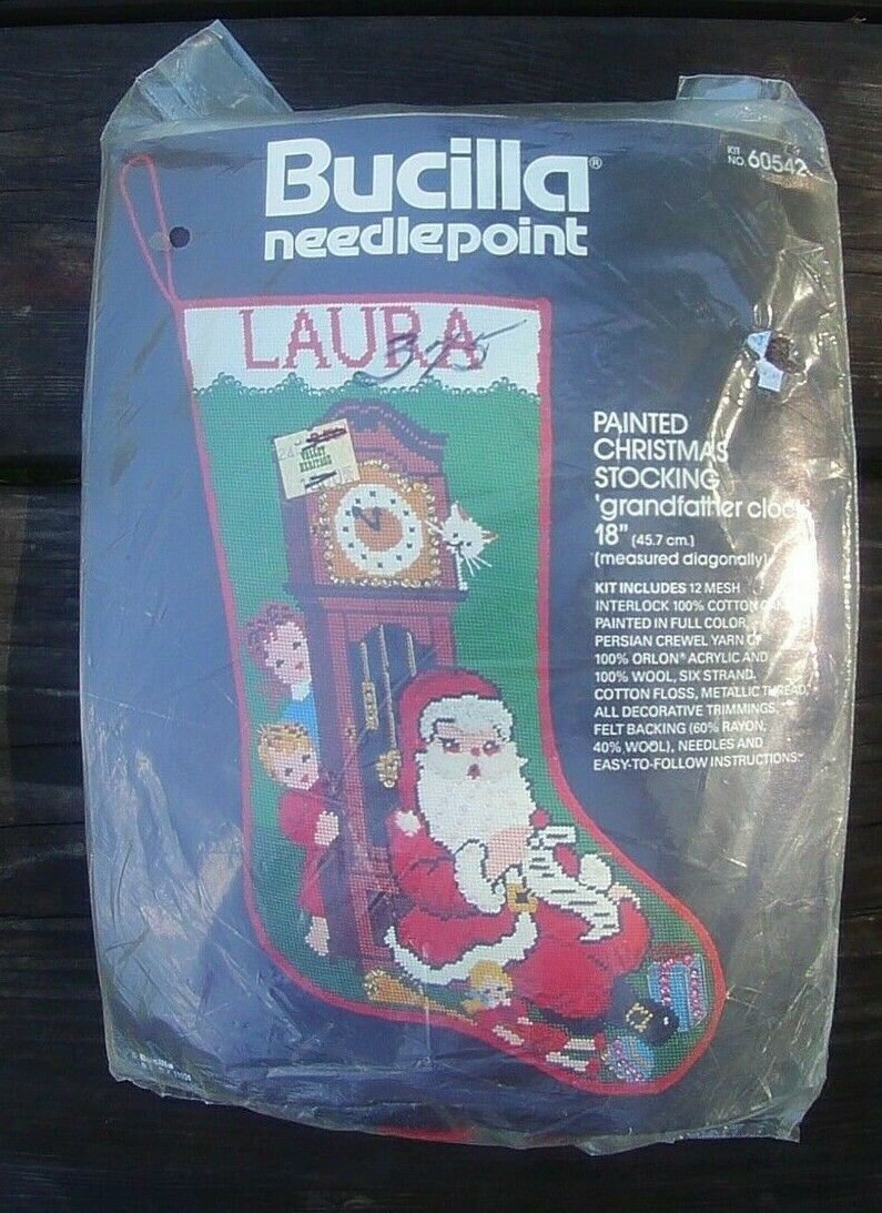 Handmade Christmas Stocking Mail Bag, Vintage Bucilla Finished Kit Grandfather Clock Needlepoint Painted Christmas Decor Santa Kids