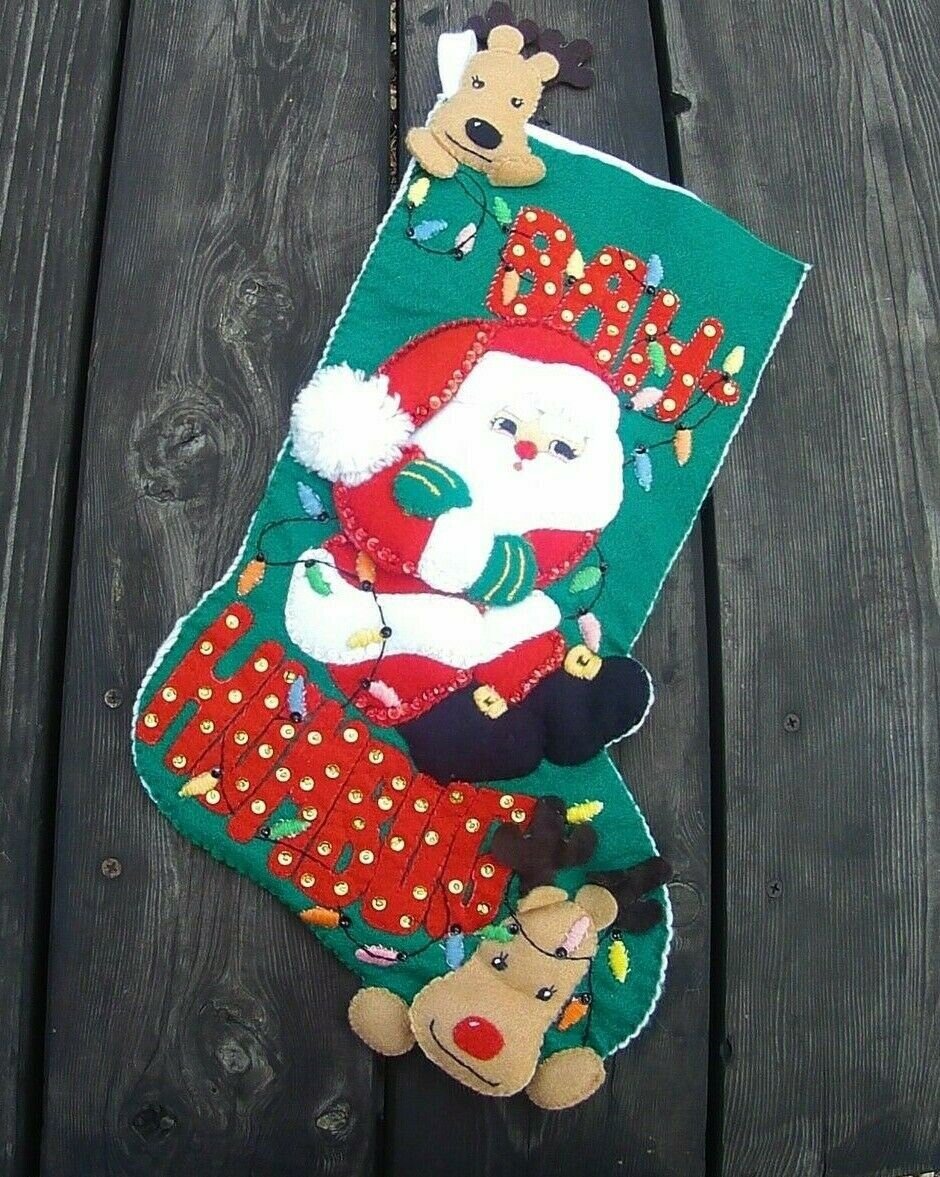 Christmas Stocking Vintage Handmade Bucilla Bah Humbug Santa Handmade From Kit 83203 Circa 1994 Retro Decor Custom Personalized Gift