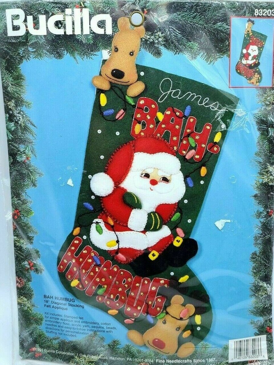 Christmas Stocking Vintage Handmade Bucilla Bah Humbug Santa Handmade From Kit 83203 Circa 1994 Retro Decor Custom Personalized Gift
