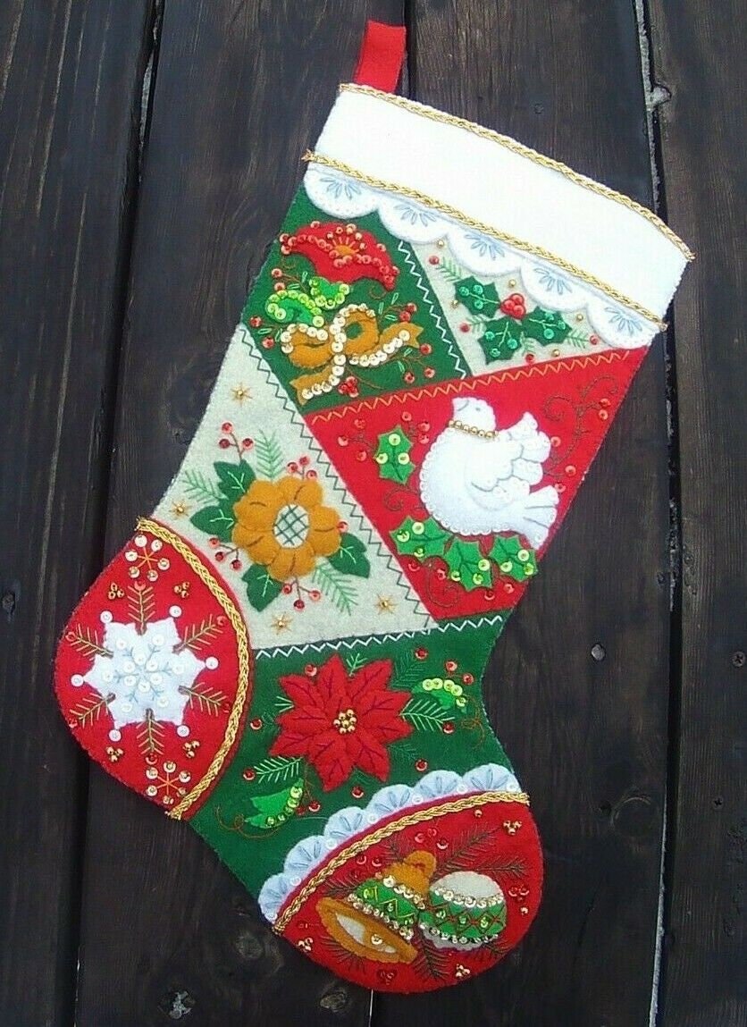 Christmas Stocking Bucilla HANDMADE Elegant Patchwork Holiday Stocking Embroidered Stocking, Stockings With Name, Finished Stockings