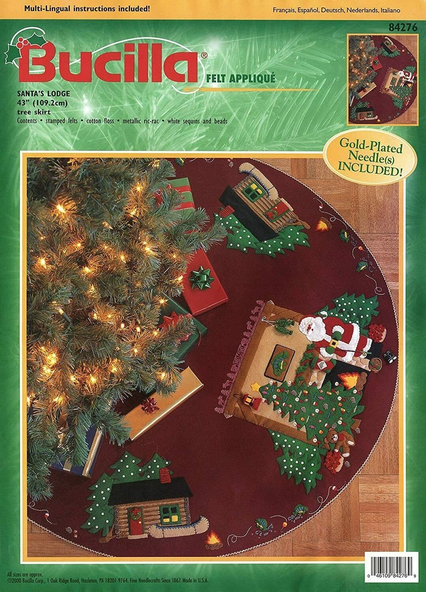 Vintage 2000 FINISHED Handmade BUCILLA Santa's Lodge Tree Skirt Tablecloth 84276 Camping Holiday Decor Retro Christmas Gift Idea
