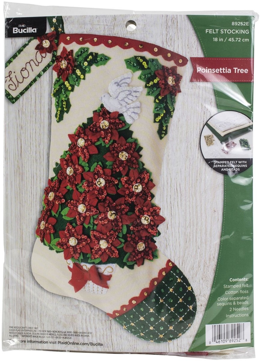 Christmas Stockings, HANDMADE Bucilla Poinsettia Christmas Tree Stocking, Stockings with Name, Personalized Stockings, Finished Bucilla Kit