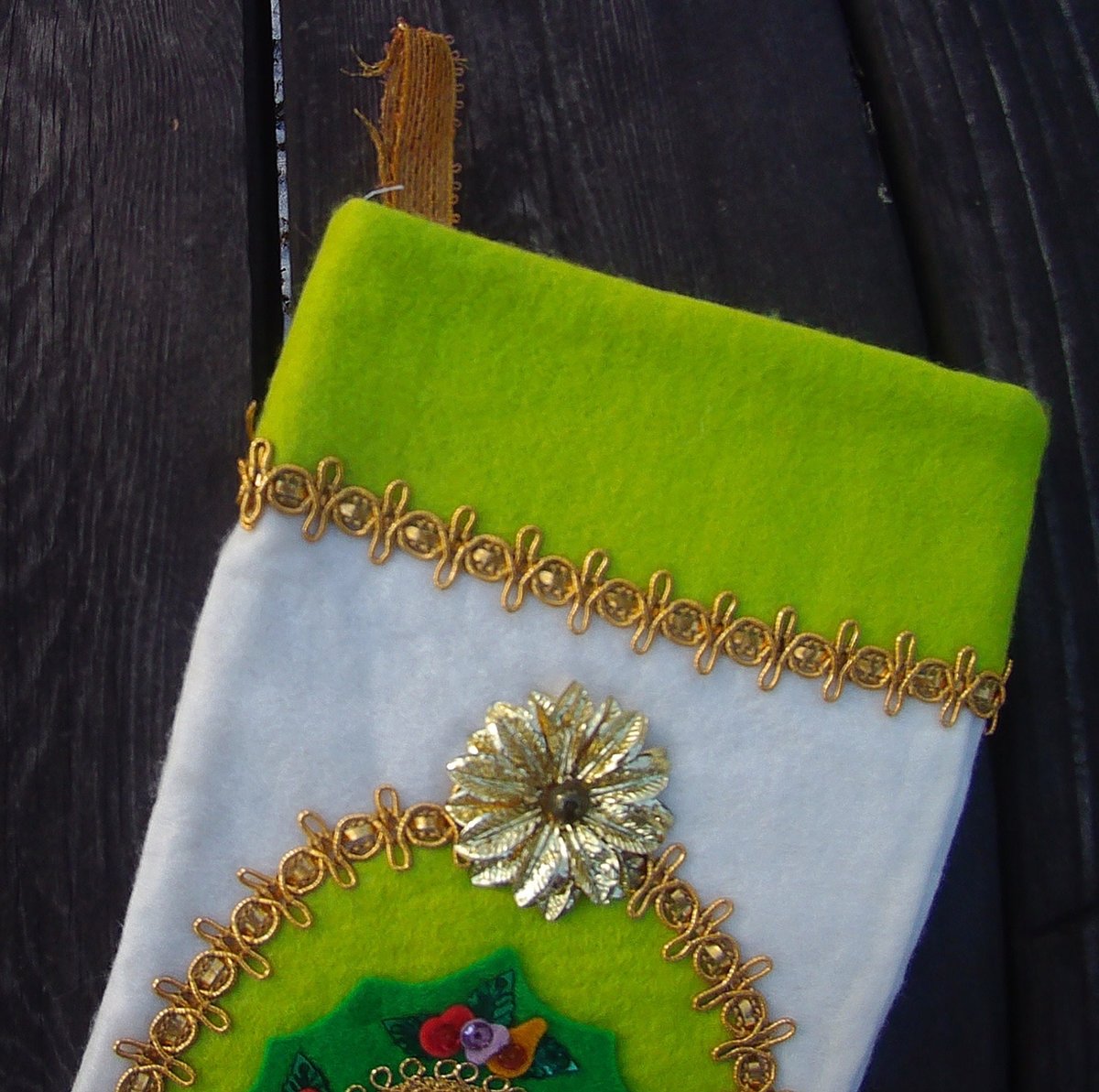Rare Vintage 1960's Christmas Stocking, Handmade FELT ORIGINALS Stocking, Wreath in Green Holiday Stocking, Custom Stocking