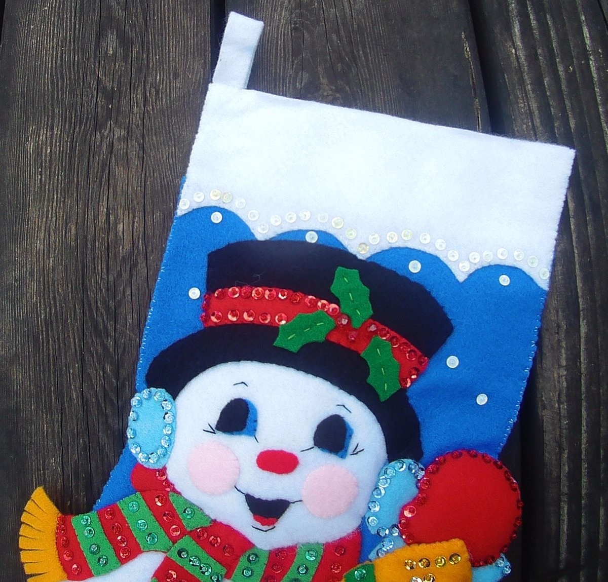 HANDMADE Finished Felt Kit SNOWMAN with BROOM Finished Felt Christmas Stocking Design Works 5055 Holiday Custom Stocking