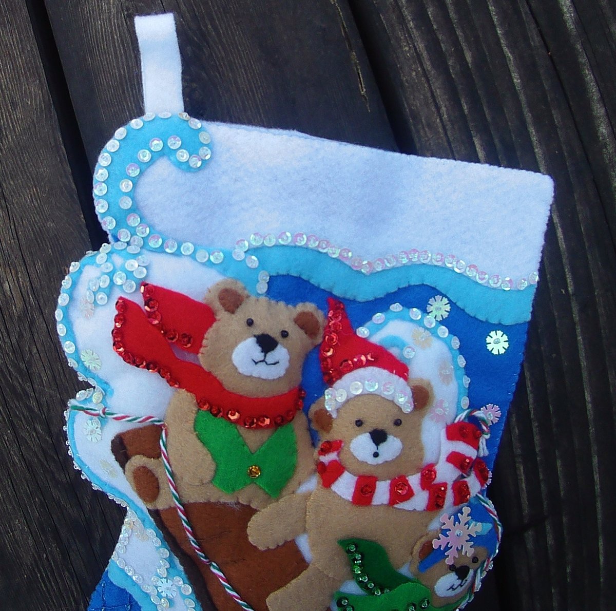 New HANDMADE Winter SLEDDING BEARS Finished Felt Kit Christmas Stocking Design Works 5085 Holiday Decor Custom Stocking