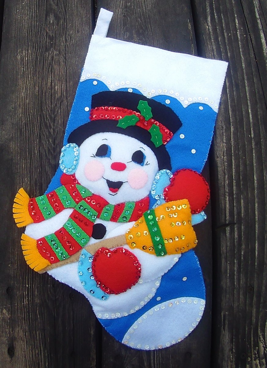 HANDMADE Finished Felt Kit SNOWMAN with BROOM Finished Felt Christmas Stocking Design Works 5055 Holiday Custom Stocking