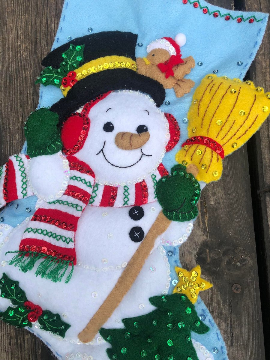 Finished Christmas Stocking BUCILLA Snowman With Broom Festive Holiday Fireplace Holiday Wall Art Custom Decor Family Gift