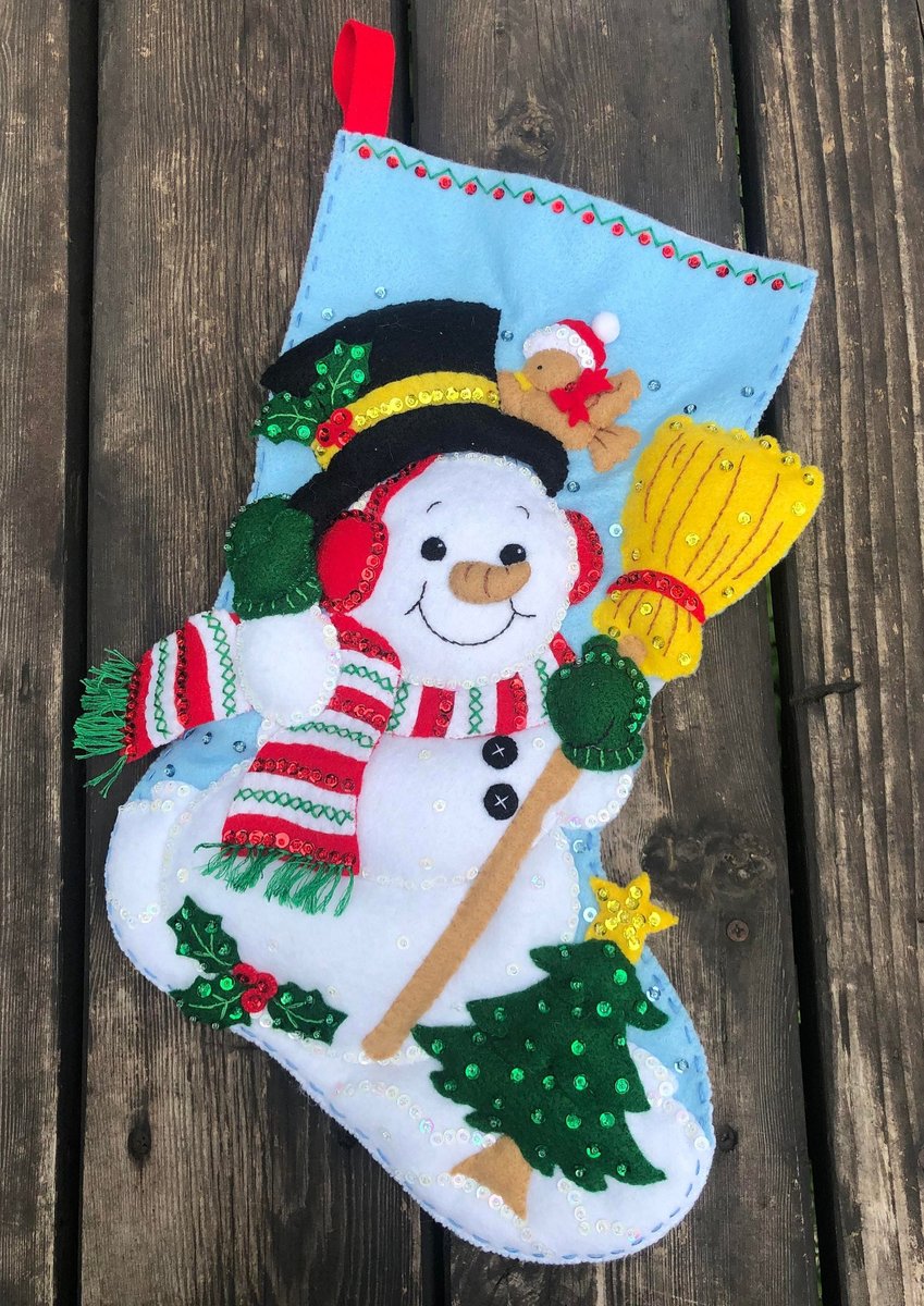Finished Christmas Stocking BUCILLA Snowman With Broom Festive Holiday Fireplace Holiday Wall Art Custom Decor Family Gift