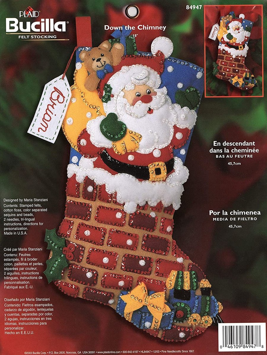 Christmas Stocking Handmade Bucilla SANTA DOWN The CHIMNEY Finished Bucilla Kit Festive Holiday Fireplace Mantle Wall Door Decoration