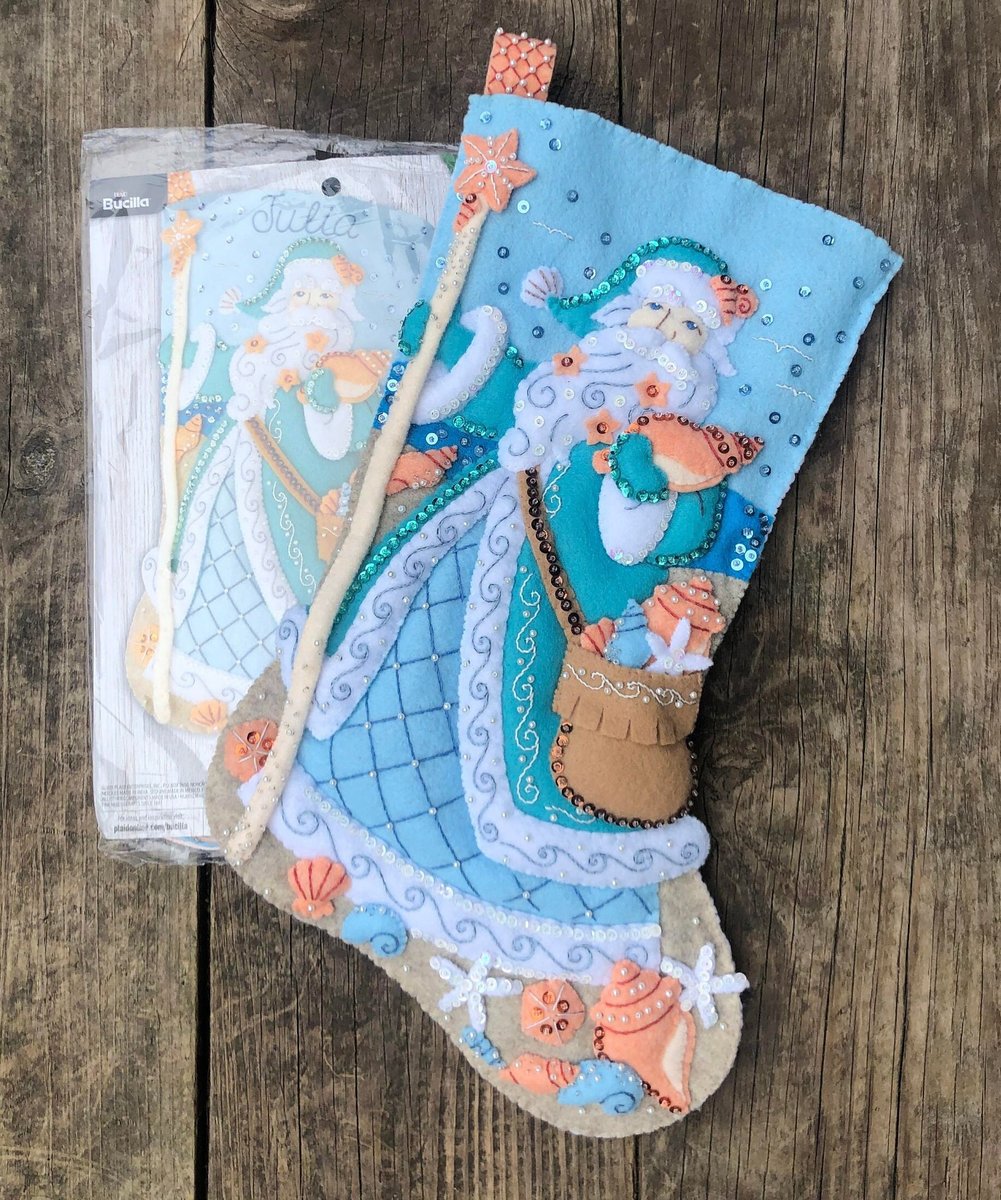 Christmas Stocking, Handmade Bucilla Seashore Santa, Fully Lined, Finished Holiday Home Decor Nautical Holiday Gift Idea