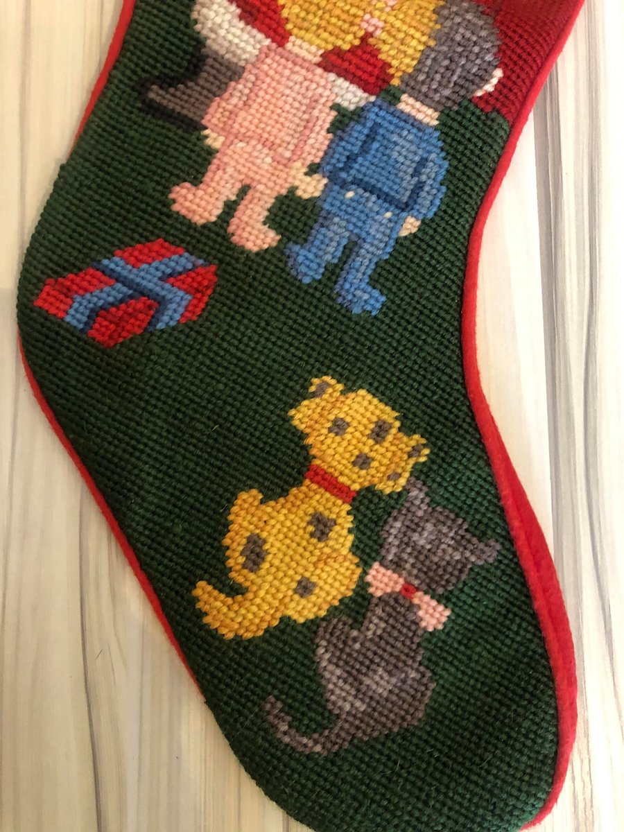 Christmas Stockings, Vintage Jumbo Bucilla Handmade Needlepoint Holiday Stocking, WE SAW SANTA Holiday Decor Norman Nodel Design