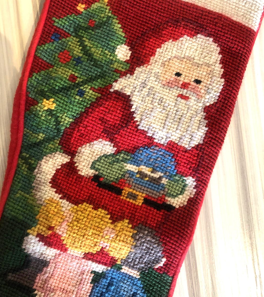 Christmas Stockings, Vintage Jumbo Bucilla Handmade Needlepoint Holiday Stocking, WE SAW SANTA Holiday Decor Norman Nodel Design