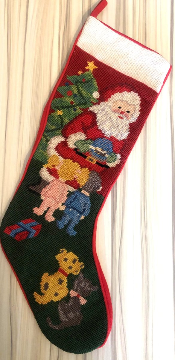 Christmas Stockings, Vintage Jumbo Bucilla Handmade Needlepoint Holiday Stocking, WE SAW SANTA Holiday Decor Norman Nodel Design