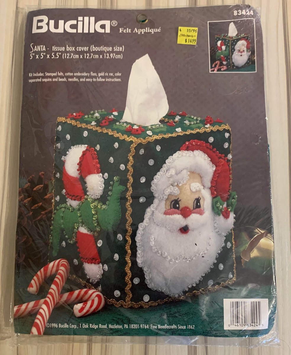 New Bucilla SANTA Tissue Box Cover Christmas Felt Craft Kit 83424, Vintage 1996, Holiday Decor, OOP Circa 1996 Santa Claus Candy Cane