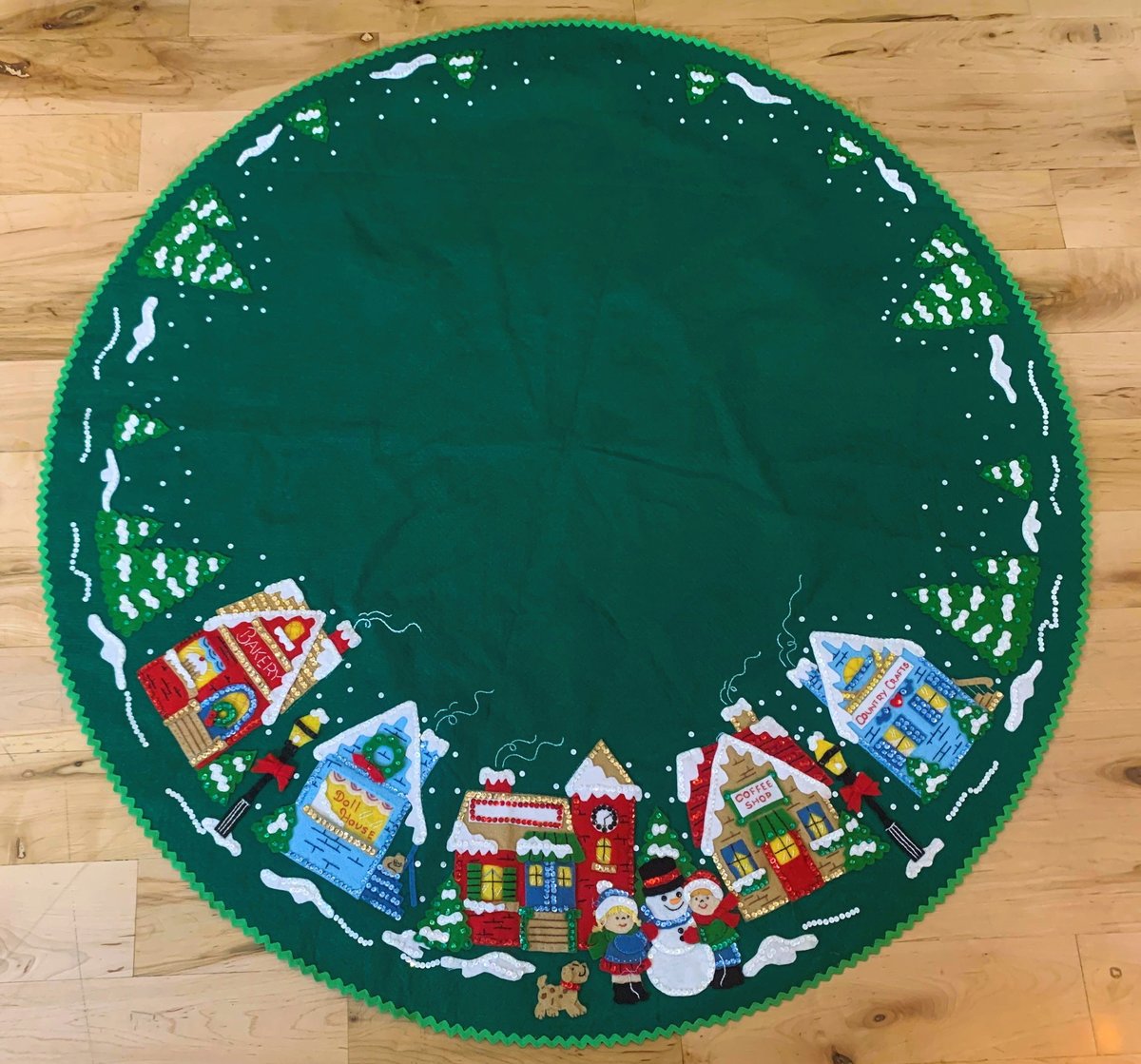Handmade LINED Tree Skirt, Finished Bucilla CHRISTMAS VILLAGE Tree Skirt, Table Cover #83980 Handmade Trees Houses Winter Village