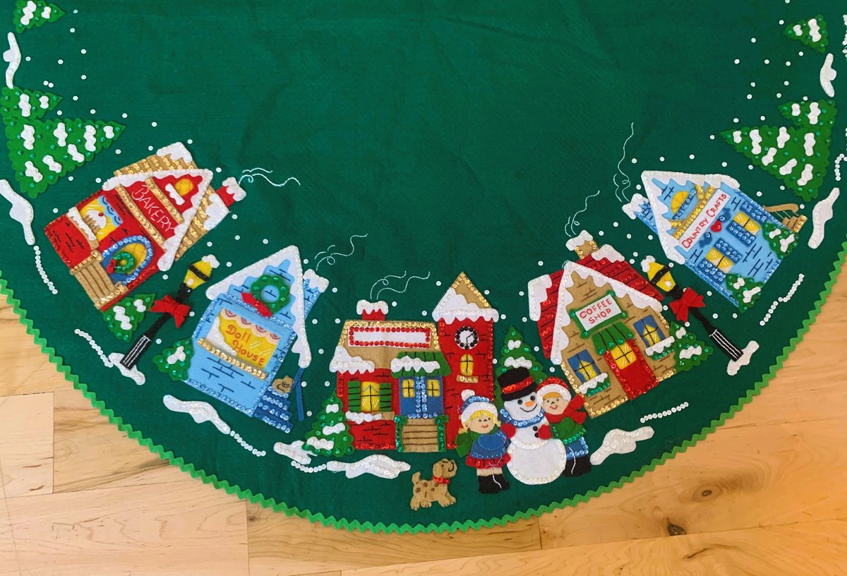 Handmade LINED Tree Skirt, Finished Bucilla CHRISTMAS VILLAGE Tree Skirt, Table Cover #83980 Handmade Trees Houses Winter Village