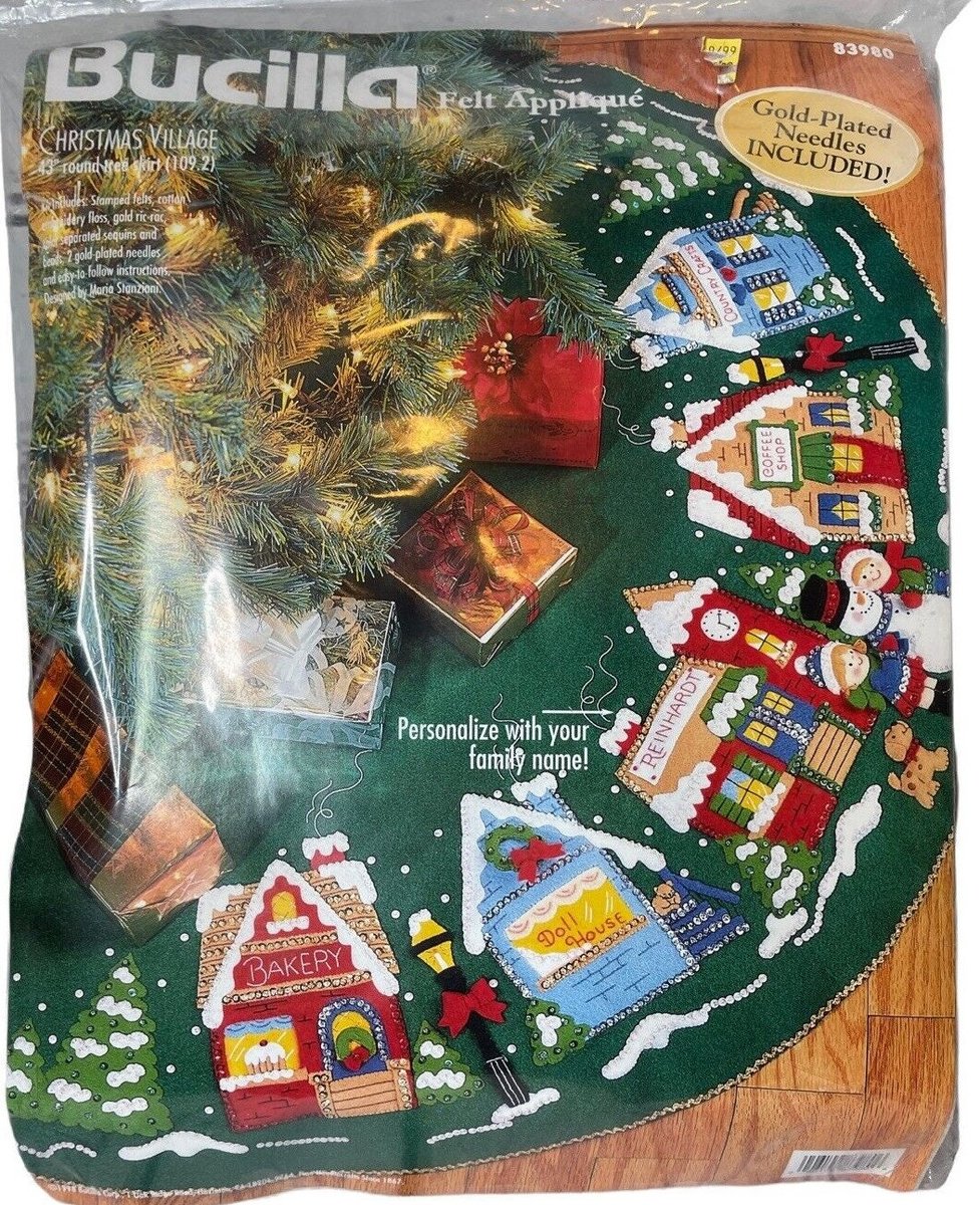 Handmade LINED Tree Skirt, Finished Bucilla CHRISTMAS VILLAGE Tree Skirt, Table Cover #83980 Handmade Trees Houses Winter Village